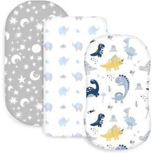plushii bassinet sheets for baby boys 3 pack, 32"x 16" extra soft microfiber bassinet sheet universal for oval rectangle and hourglass bassinet mattress, dinosaur & blue elephant & stars