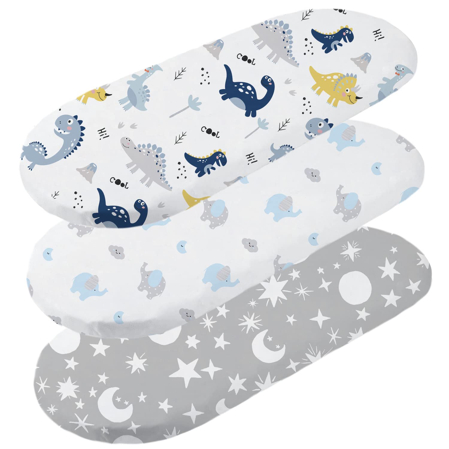 Plushii Bassinet Sheets for Baby Boys 3 Pack, 32"x 16" Extra Soft Microfiber Bassinet Sheet Universal for Oval Rectangle and Hourglass Bassinet Mattress, Dinosaur & Blue Elephant & Stars