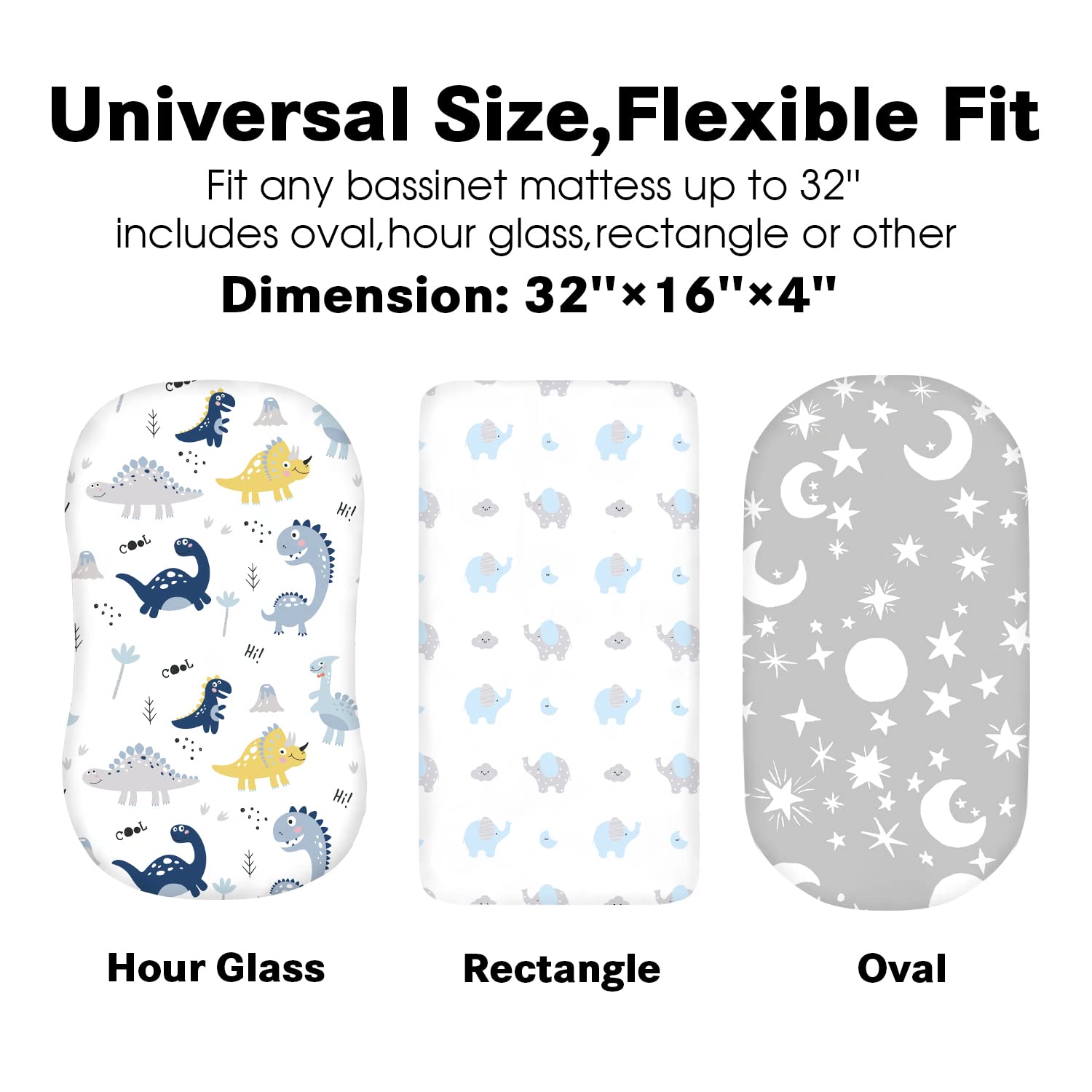 Plushii Bassinet Sheets for Baby Boys 3 Pack, 32"x 16" Extra Soft Microfiber Bassinet Sheet Universal for Oval Rectangle and Hourglass Bassinet Mattress, Dinosaur & Blue Elephant & Stars