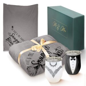 giveena wedding gift for couple 2024 unique - stainless steel wine tumbler & 55x70 inch fleece blanket bridal shower gifts - cool newlyweds gifts & christmas presents for newlyweds - bride to be gifts