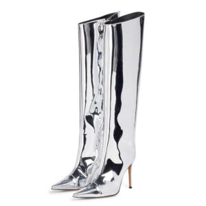 missheel silver metallic knee high boots sexy patent leather stiletto high heels boots for women slouch wide calf boots pointed toe size 7