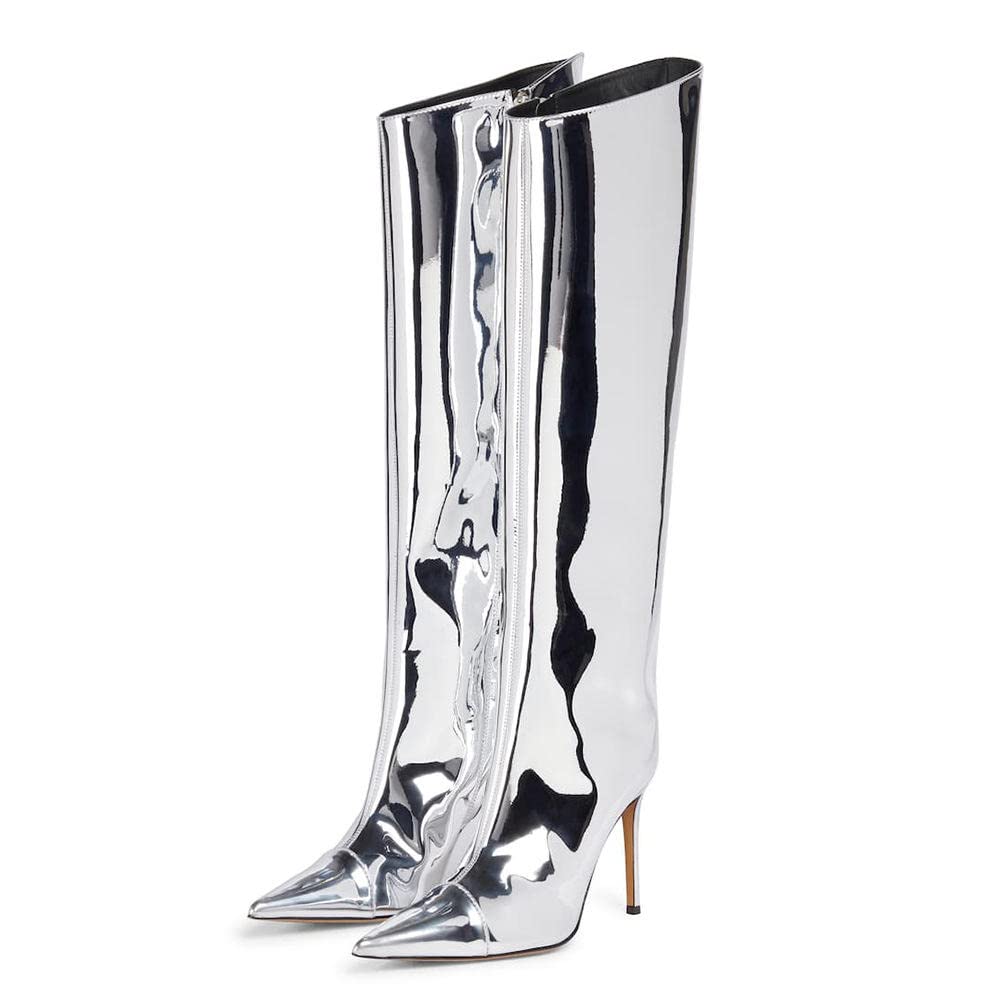 MissHeel Silver Metallic Knee High Boots Sexy Patent Leather Stiletto High Heels Boots for Women Slouch Wide Calf Boots Pointed Toe Size 7