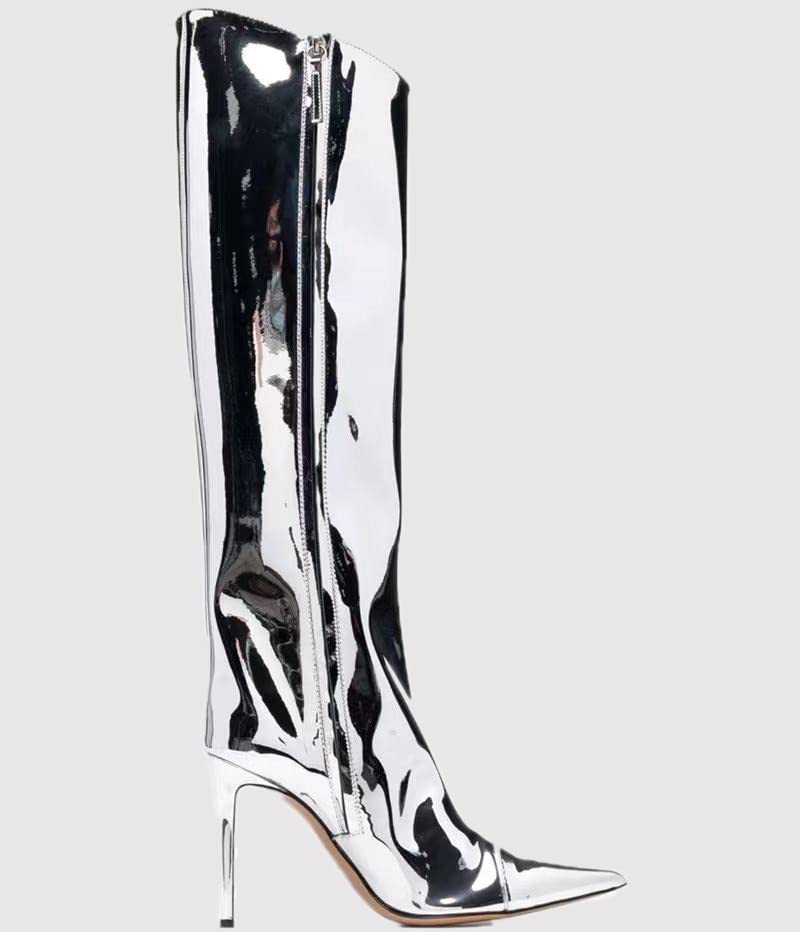 MissHeel Silver Metallic Knee High Boots Sexy Patent Leather Stiletto High Heels Boots for Women Slouch Wide Calf Boots Pointed Toe Size 7