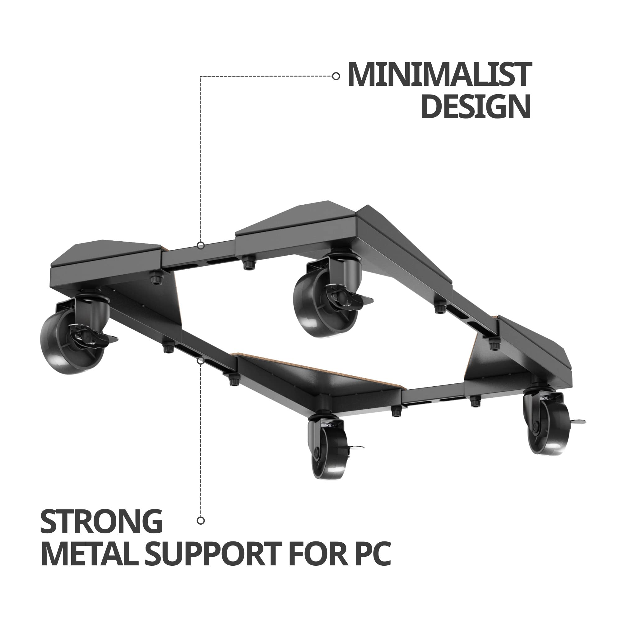 BYTESIUM PC Tower Stand – Metal Frame – Adjustable Width and Length – 4 Locking Wheels – Cork Pads – Computer Tower Stand for ATX – Easy Assembly – Wide Size Range – Computer Cart – CPU Holder