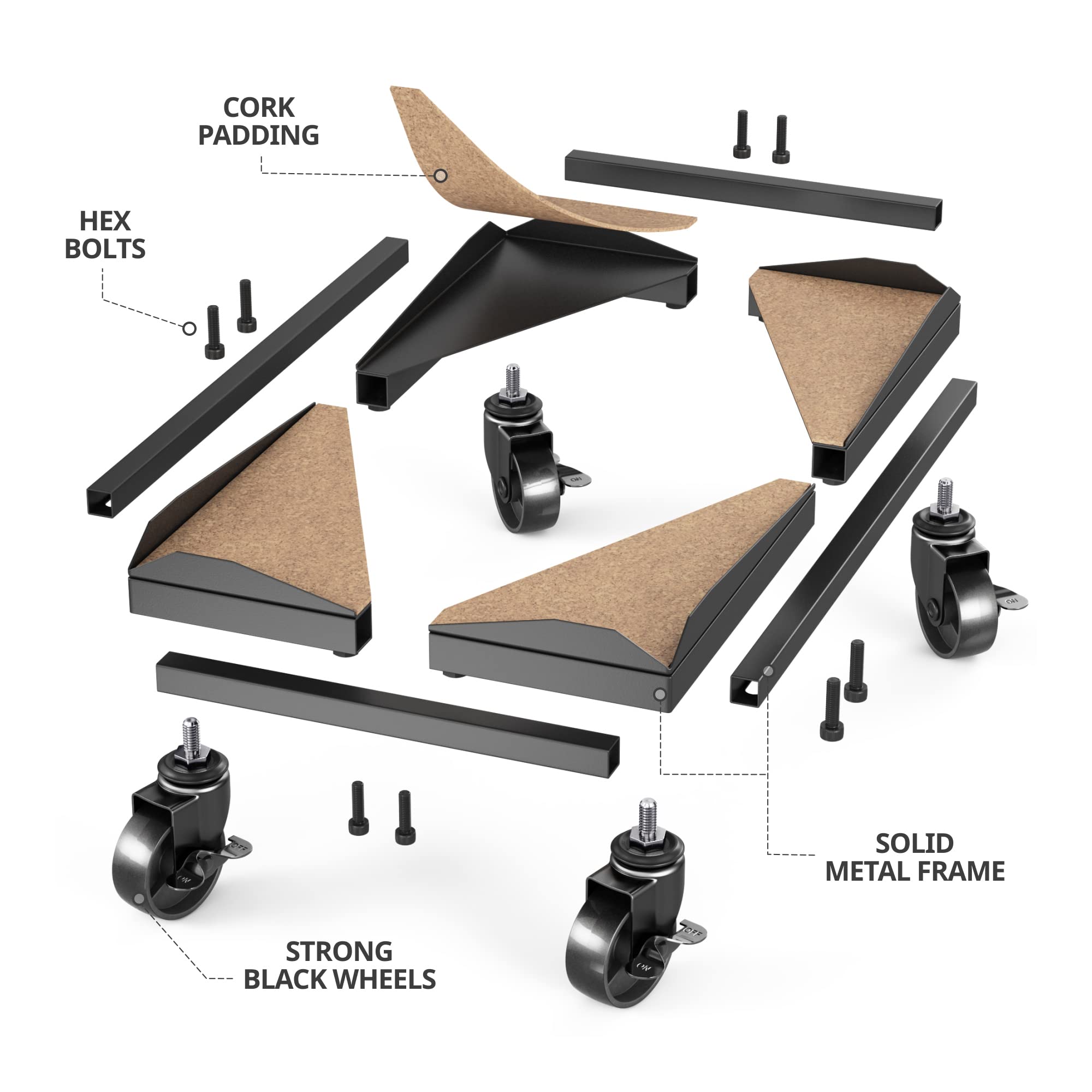 BYTESIUM PC Tower Stand – Metal Frame – Adjustable Width and Length – 4 Locking Wheels – Cork Pads – Computer Tower Stand for ATX – Easy Assembly – Wide Size Range – Computer Cart – CPU Holder