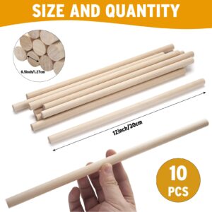 MOTYAWN Dowel Rods Wood Sticks Natural Round Wooden Dowel Rods, Pack of 10 PCS 1/2 x 12 inch, Unfinished Hardwood Sticks Cake Dowels ​for Arts, DIY, Crafting, Tiered Cake Support, Wedding Ribbon Wands