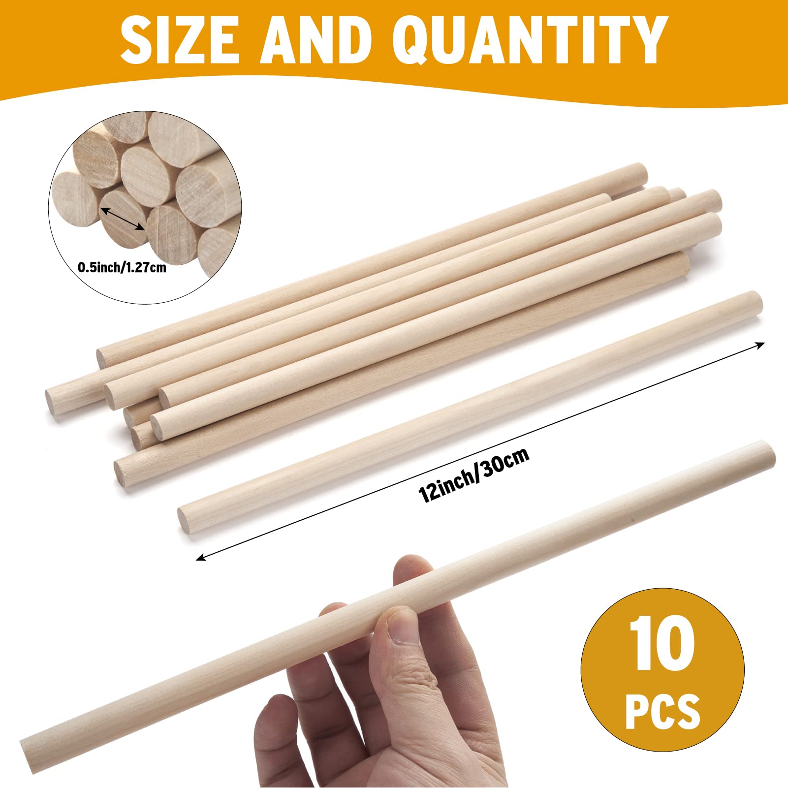 MOTYAWN Dowel Rods Wood Sticks Natural Round Wooden Dowel Rods, Pack of 10 PCS 1/2 x 12 inch, Unfinished Hardwood Sticks Cake Dowels ​for Arts, DIY, Crafting, Tiered Cake Support, Wedding Ribbon Wands