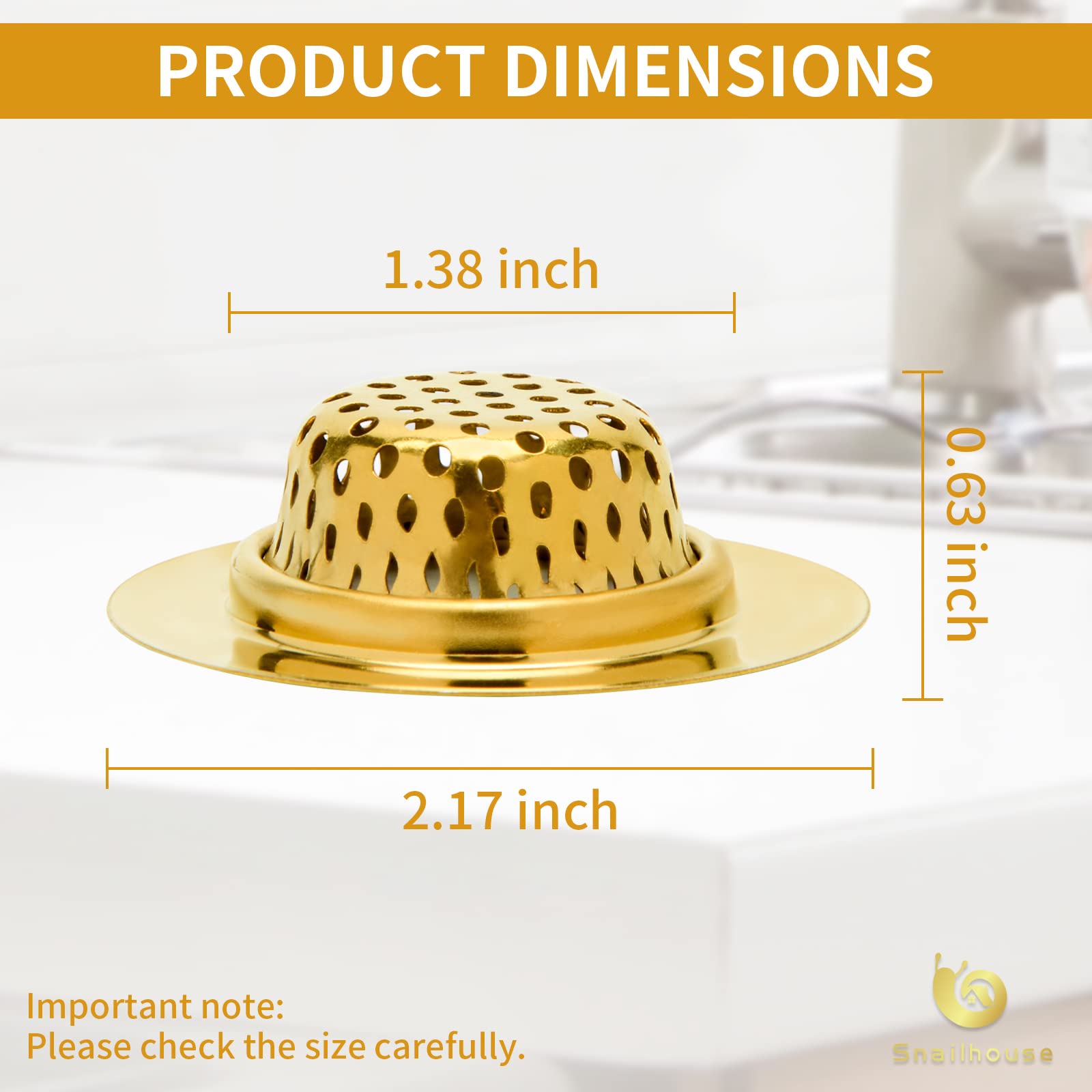 Snailhouse Bathroom Sink Strainers, 2 Pack 2.17 Inches Stainless Steel Small Mesh Utility Sink Drain Stopper Basket Cover Plug Screen, Gold