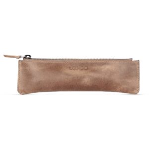 londo genuine leather pen case with zipper closure, pencil pouch stationery bag (mink)