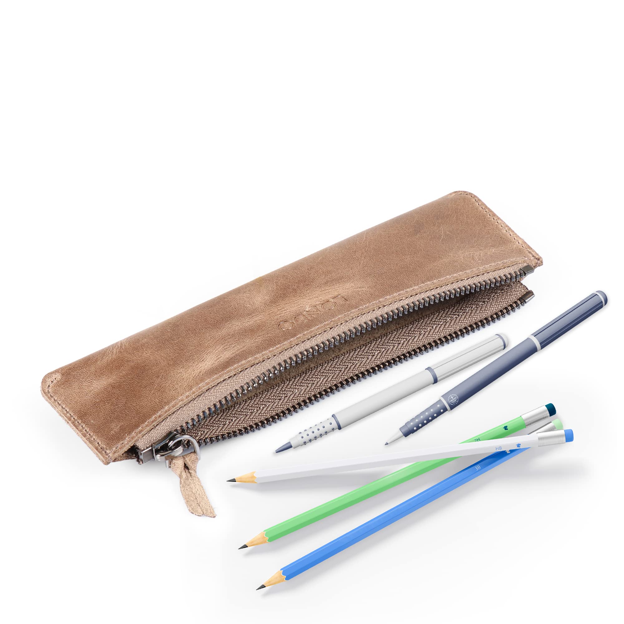 Londo Genuine Leather Pen Case with Zipper Closure, Pencil Pouch Stationery Bag (Mink)