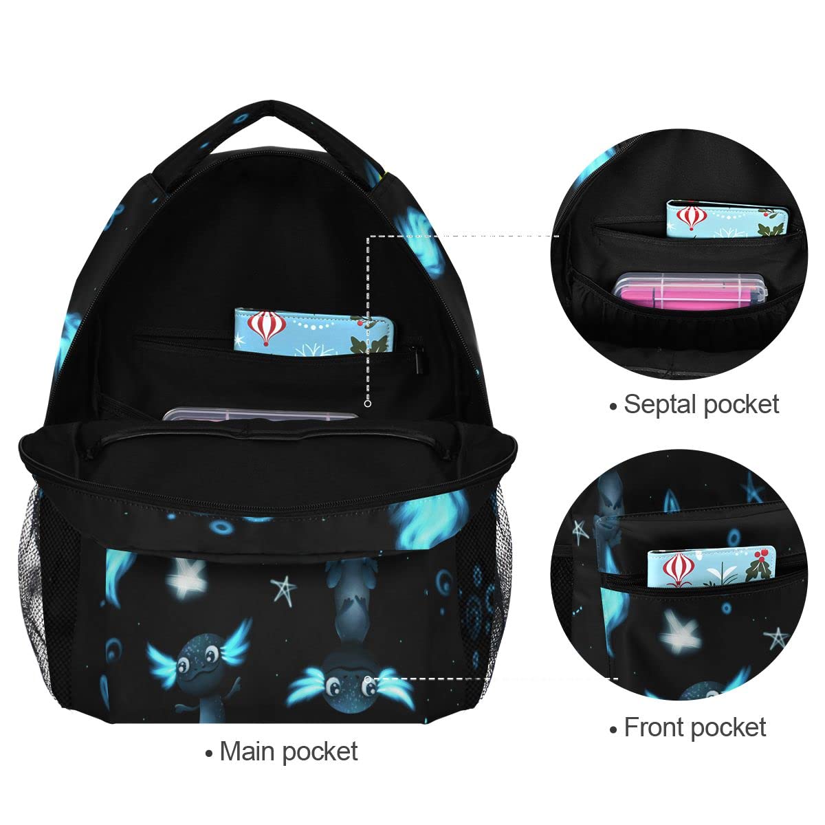 Glaphy Black Axolotl Stars Backpack for Boys Girls Kids, Laptop Book Bag Lightweight Travel Hiking Camping Daypack