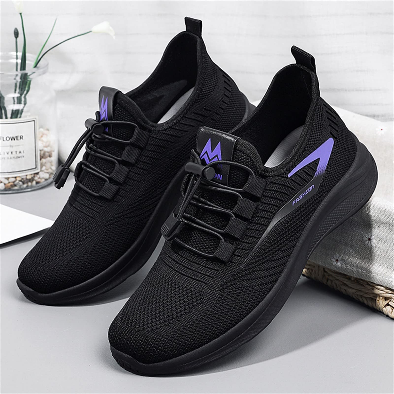 Womens Fashion Sneakers Mesh Breathable Elastic Adjustable Slip-On Running Shoes Durable Casual Non Slip Low Top Tennis Shoes,Black,7