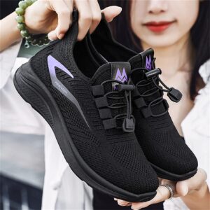 Womens Fashion Sneakers Mesh Breathable Elastic Adjustable Slip-On Running Shoes Durable Casual Non Slip Low Top Tennis Shoes,Black,7