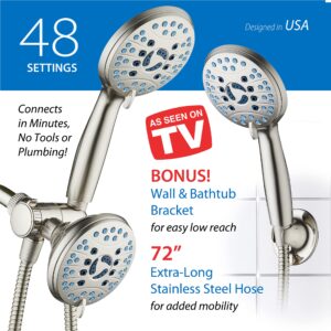 AquaCare As-Seen-On-TV High Pressure 48-setting Rain & Handheld 3-way Shower Head Combo - Anti-clog Nozzles/Tub, Tile & Pet Power Wash/Extra Long 6 ft. Stainless Steel Hose/All Chrome Finish