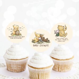 Winnie Quotations Cupcake Toppers 48 Pcs 12 Designs Classic Pooh Baby Shower Decorations Cute 1 St Birthday Party Supplies For Kids Dessert Favor