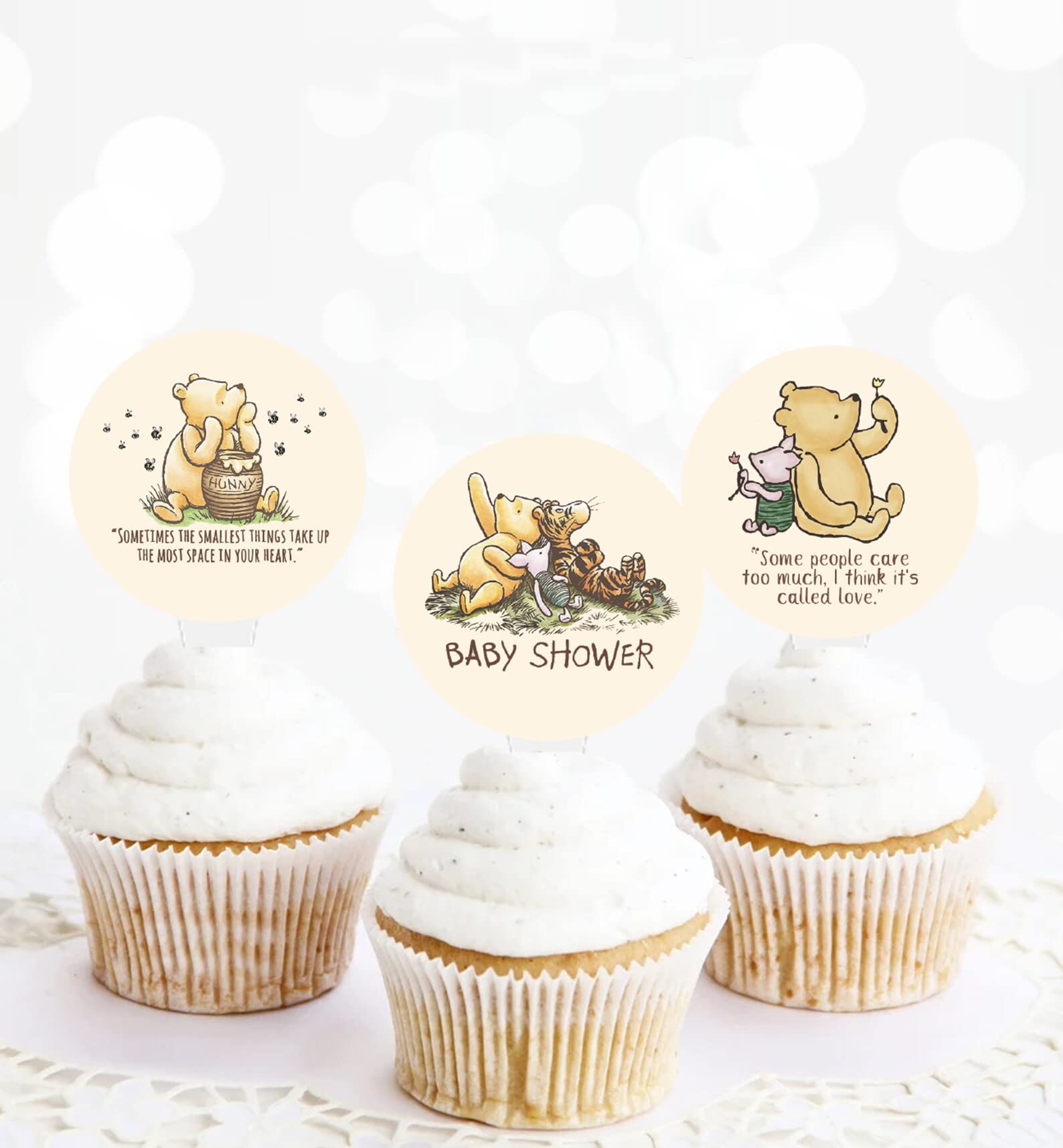 Winnie Quotations Cupcake Toppers 48 Pcs 12 Designs Classic Pooh Baby Shower Decorations Cute 1 St Birthday Party Supplies For Kids Dessert Favor