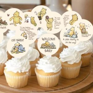 Winnie Quotations Cupcake Toppers 48 Pcs 12 Designs Classic Pooh Baby Shower Decorations Cute 1 St Birthday Party Supplies For Kids Dessert Favor