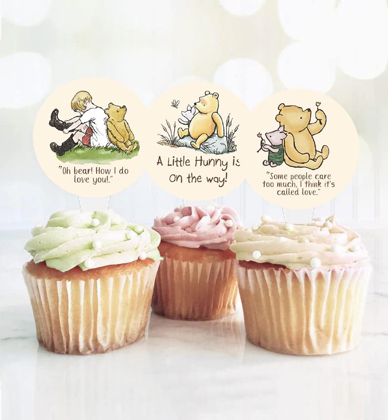 Winnie Quotations Cupcake Toppers 48 Pcs 12 Designs Classic Pooh Baby Shower Decorations Cute 1 St Birthday Party Supplies For Kids Dessert Favor