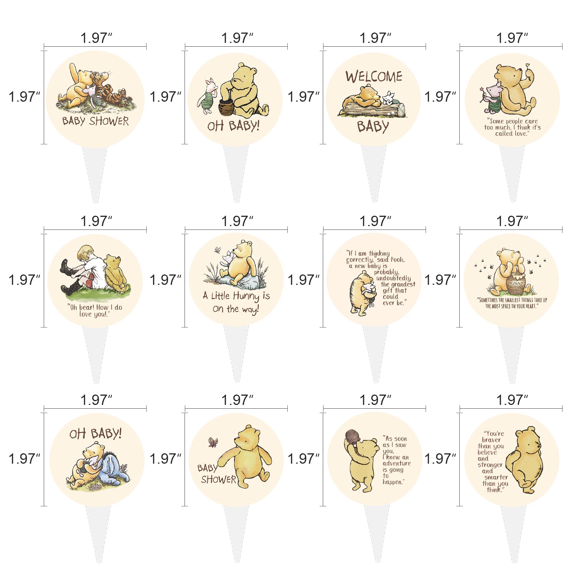 Winnie Quotations Cupcake Toppers 48 Pcs 12 Designs Classic Pooh Baby Shower Decorations Cute 1 St Birthday Party Supplies For Kids Dessert Favor