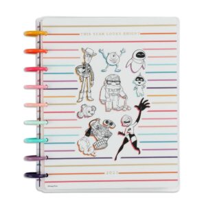 happy planner disney pixar 2023 planner for jan. 2023–dec. 2023, 12-month daily, weekly, and monthly, bright year vertical layout, classic size, 7 inches by 9 3/4 inches