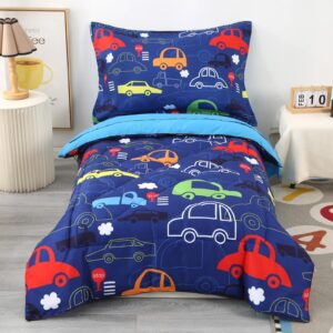 wowelife toddler bedding sets for boys, 4 piece blue car toddler bed set with comforter, flat sheet, fitted sheet and pillowcase