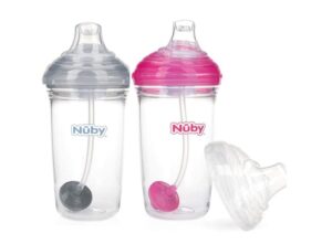 nuby tritan no-spill trainer cup with silicone spout & 360 weighted straw with hygienic cover, 2 pack (pink, gray)