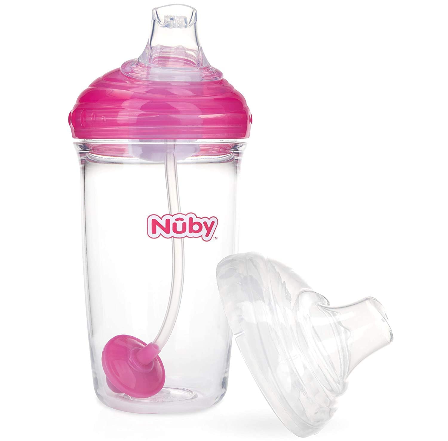 Nuby Tritan No-Spill Trainer Cup with Silicone Spout & 360 Weighted Straw with Hygienic Cover, 2 Pack (Pink, Gray)