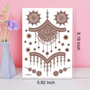 FULANSI Brown Henna Tattoos Stickers 6 Sheets Henna Temporary Tattoos Lace Mystery Sexy Mandala Flower Design Body Art Waterproof Fake Tattoos Henna Stickers for Women Body Face Arm Legs Decor