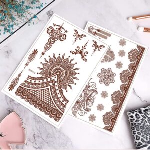 FULANSI Brown Henna Tattoos Stickers 6 Sheets Henna Temporary Tattoos Lace Mystery Sexy Mandala Flower Design Body Art Waterproof Fake Tattoos Henna Stickers for Women Body Face Arm Legs Decor