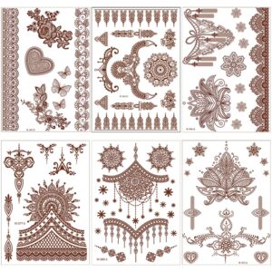 FULANSI Brown Henna Tattoos Stickers 6 Sheets Henna Temporary Tattoos Lace Mystery Sexy Mandala Flower Design Body Art Waterproof Fake Tattoos Henna Stickers for Women Body Face Arm Legs Decor