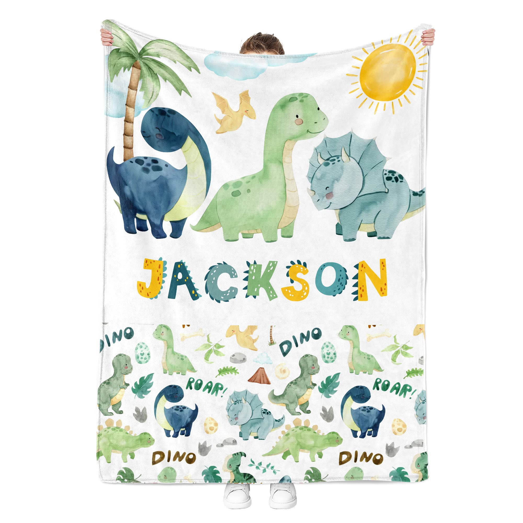 MDPrints Custom Baby Blanket, Personalized Baby Blankets for Boys and Girls, Customized Baby Gifts with Name, Newborn Stroller Swaddle Blanket (Dinosaur 235)