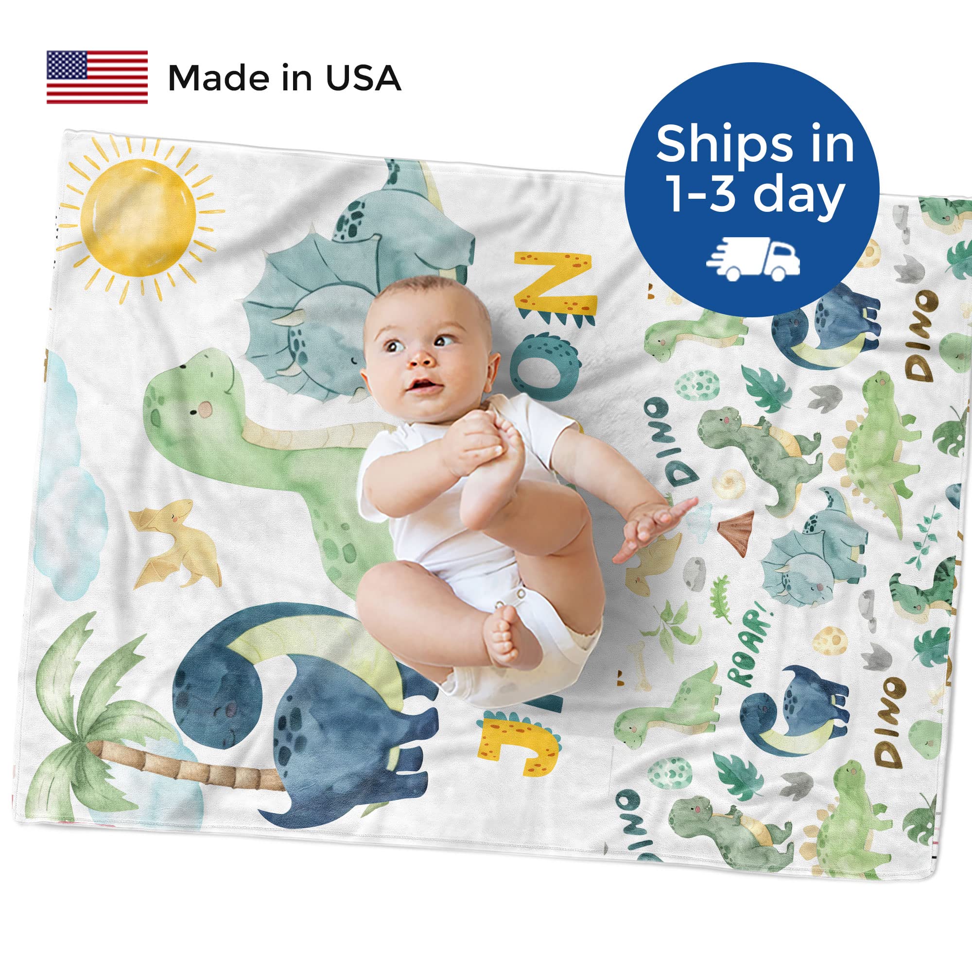 MDPrints Custom Baby Blanket, Personalized Baby Blankets for Boys and Girls, Customized Baby Gifts with Name, Newborn Stroller Swaddle Blanket (Dinosaur 235)