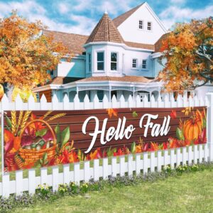 probsin happy fall banner 120"x 20" decorations outdoor thanksgiving decor autumn party supplies wooden hello fall pumpkin mushroom harvest welcome hanging backdrop for garden fence yard lawn porch