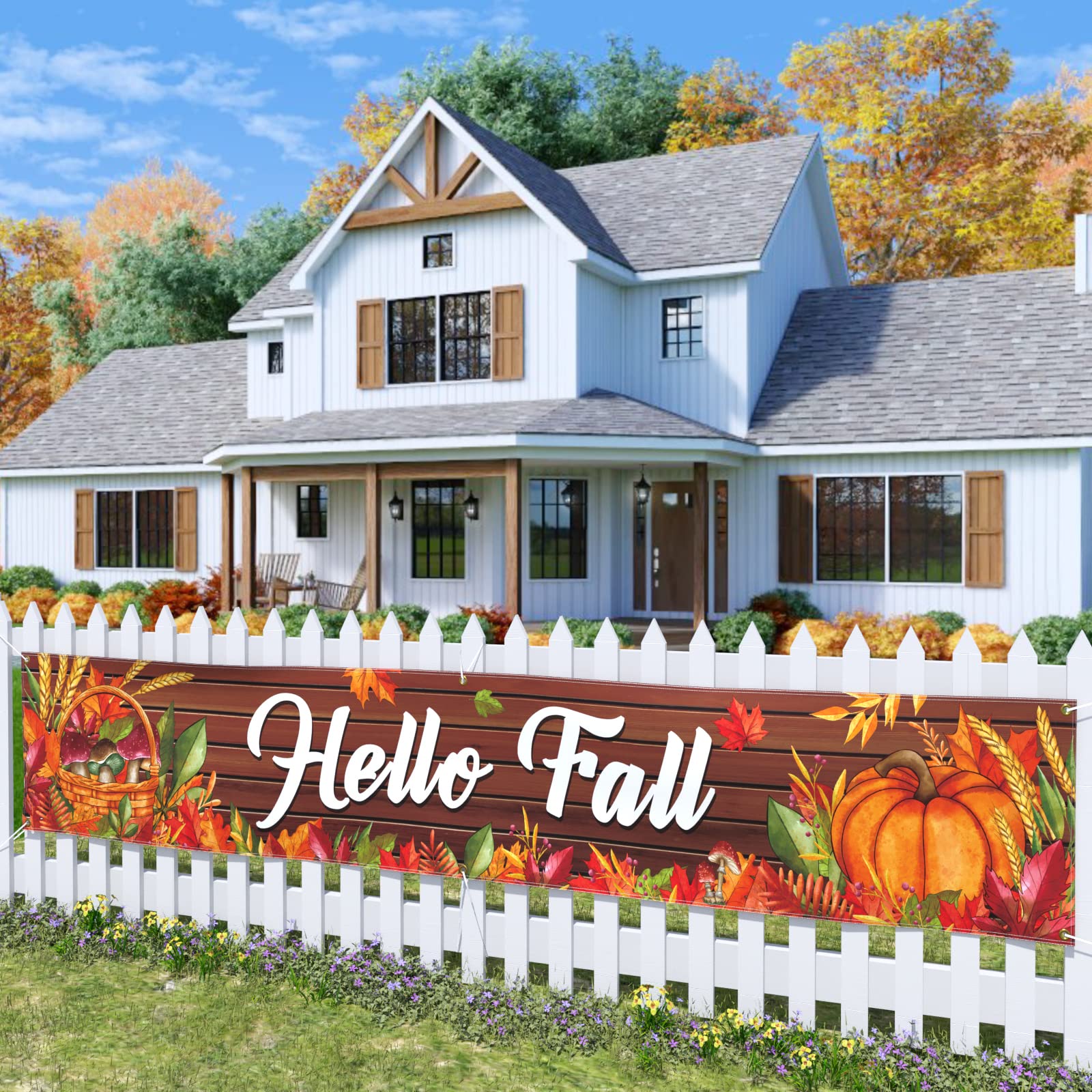 Probsin Happy Fall Banner 120"x 20" Decorations Outdoor Thanksgiving Decor Autumn Party Supplies Wooden Hello Fall Pumpkin Mushroom Harvest Welcome Hanging Backdrop for Garden Fence Yard Lawn Porch