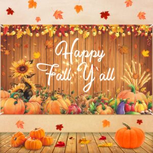 happy fall party decorations banner, happy fall y'all banner backdrop thanksgiving autumn harvest banner, fall maple leaves pumpkin thanksgiving day autumn party banner for home outdoor yard decor