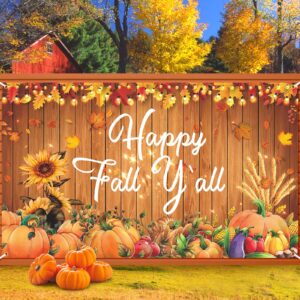 Happy Fall Party Decorations Banner, Happy Fall Y'all Banner Backdrop Thanksgiving Autumn Harvest Banner, Fall Maple Leaves Pumpkin Thanksgiving Day Autumn Party Banner for Home Outdoor Yard Decor