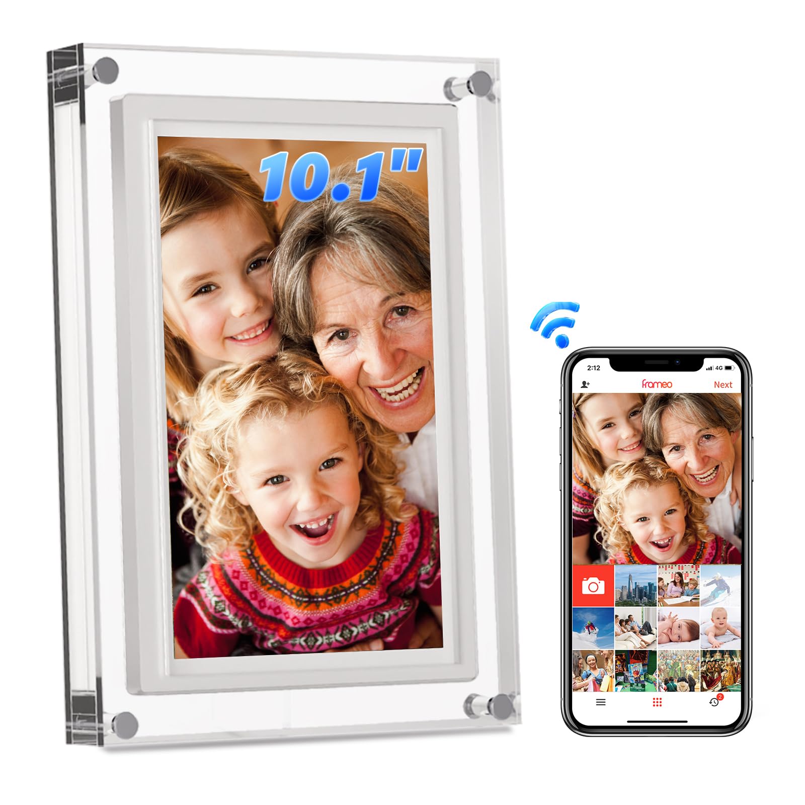 Digital Picture Frame, 10.1 Inch WiFi Acrylic Digital Photo Frame, 1280x800 HD Touch Screen Display, Auto Rotation Photo/Video/Music, Easy to Share Photos Video via Frameo APP