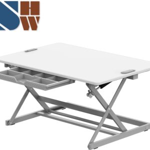 SHW 32-Inch Height Adjustable Standing Desk Converter Riser Workstation with Drawer, White