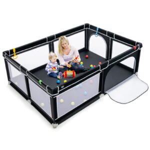 glacer baby playpen 81"x59", extra large playard with gate, non-slip design base, indoor & outdoor kids activity center, safety and sturdy play yard fence, black