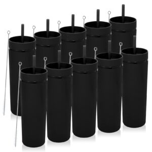 volhoply 20oz plastic skinny tumblers bulk 10 pack,double wall tumbler with lid and straw,bpa free matte acrylic iced coffee cups with straw,reusable travel cute mug for party,diy gift(black,10 set)