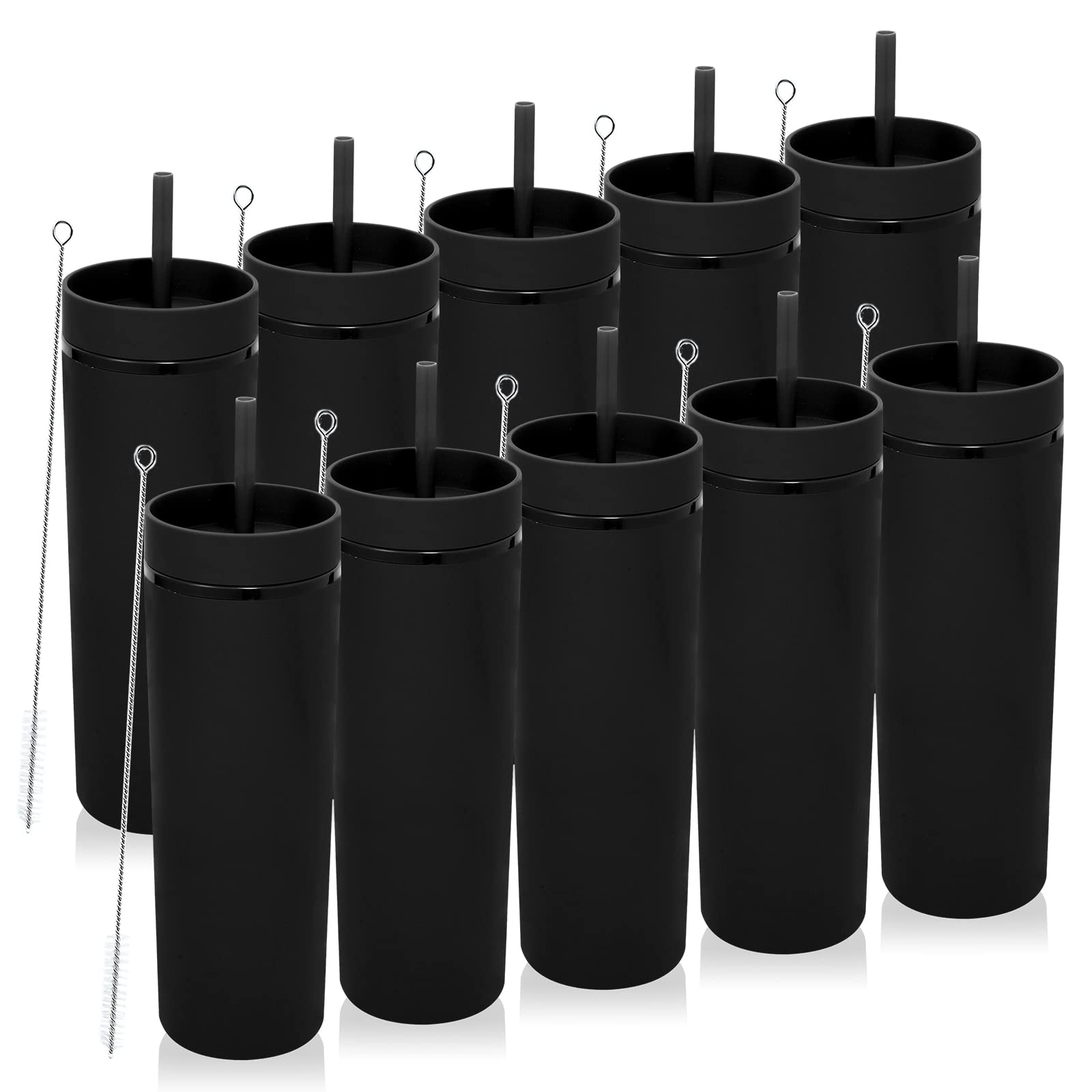 Volhoply 20oz Plastic Skinny Tumblers Bulk 10 Pack,Double Wall Tumbler with Lid and Straw,BPA Free Matte Acrylic Iced Coffee Cups With Straw,Reusable Travel Cute Mug for Party,DIY Gift(Black,10 Set)