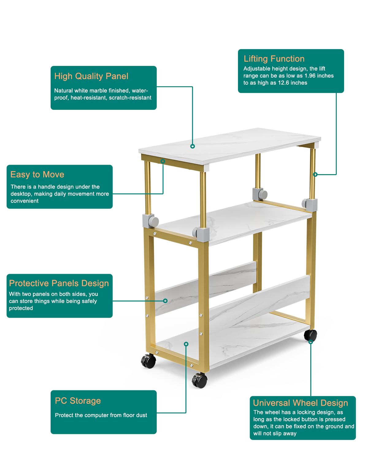 HMFOR Computer Tower Stand with Height Adjustable, PC Stand for Under Desk, Moblie Computer Case Tower, 3-Tier Computer Cart with Rolling Wheels for Home Office Gaming Case, Faux White Marble