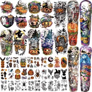 yazhiji 44 sheets halloween full arm temporary tattoos pumpkin witch sugar skull tattoo for women men boys and girls zombie make up kit, scar waterproof tattoos for parties