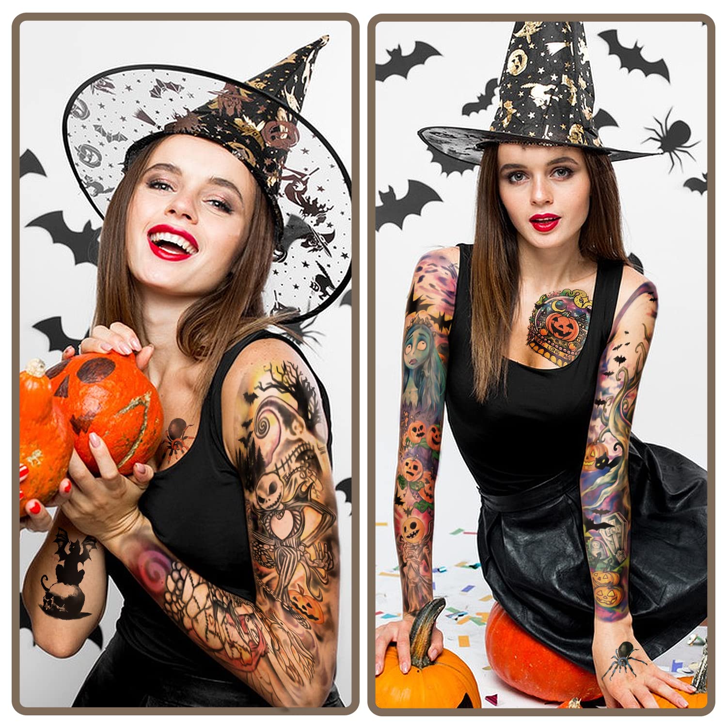 Yazhiji 44 Sheets Halloween Full Arm Temporary Tattoos Pumpkin Witch Sugar Skull Tattoo for Women Men Boys and Girls Zombie Make up Kit, Scar Waterproof Tattoos for Parties