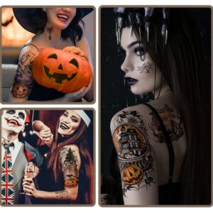 Yazhiji 44 Sheets Halloween Full Arm Temporary Tattoos Pumpkin Witch Sugar Skull Tattoo for Women Men Boys and Girls Zombie Make up Kit, Scar Waterproof Tattoos for Parties