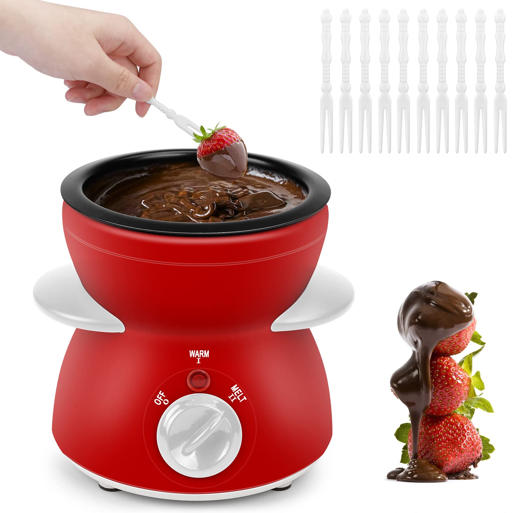 BTToyy Mini Chocolate Fondue Pot,Mini Chocolate Melting Pot,Electric Chocolate Melting Set,Chocolate Warmer,Includes 10 Dipping Forks For Candy,Chocolate,Cheese in Parties 260ML / 8.79OZ (Red)