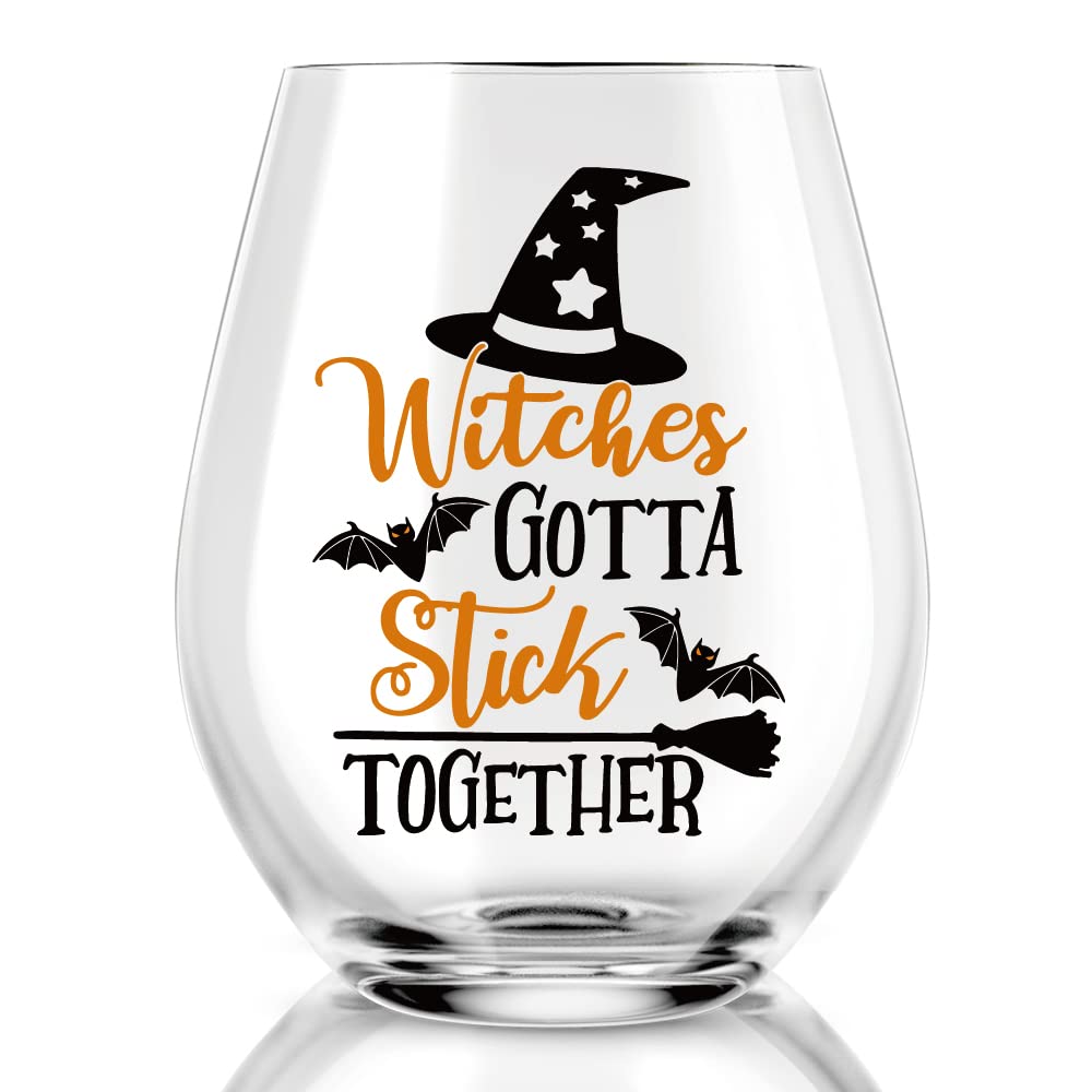 AGMDESIGN Witches Gotta Stick Together Wine Glass, Funny Halloween Witch Wine Glass Gift for Her, Mom, Wife, Boss, Sister, Birthday or Christmas Gift For Office Coworkers Mom Dad