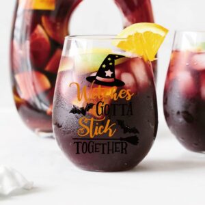 AGMDESIGN Witches Gotta Stick Together Wine Glass, Funny Halloween Witch Wine Glass Gift for Her, Mom, Wife, Boss, Sister, Birthday or Christmas Gift For Office Coworkers Mom Dad