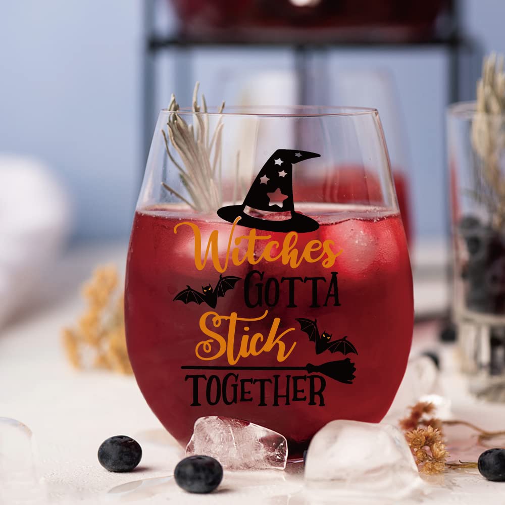 AGMDESIGN Witches Gotta Stick Together Wine Glass, Funny Halloween Witch Wine Glass Gift for Her, Mom, Wife, Boss, Sister, Birthday or Christmas Gift For Office Coworkers Mom Dad