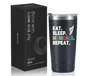 onebttl theater gifts, broadway gifts for musicians, actors and music teacher on world theatre day, birthday and chistmas, 20 oz insulated stainless steel tumbler - eat sleep musicals repeat